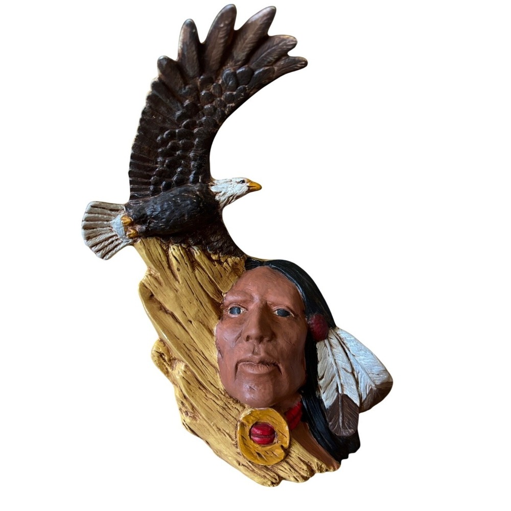 Vintage Native American Man Head with Eagle Handpainted Ceramic Art Decor RARE